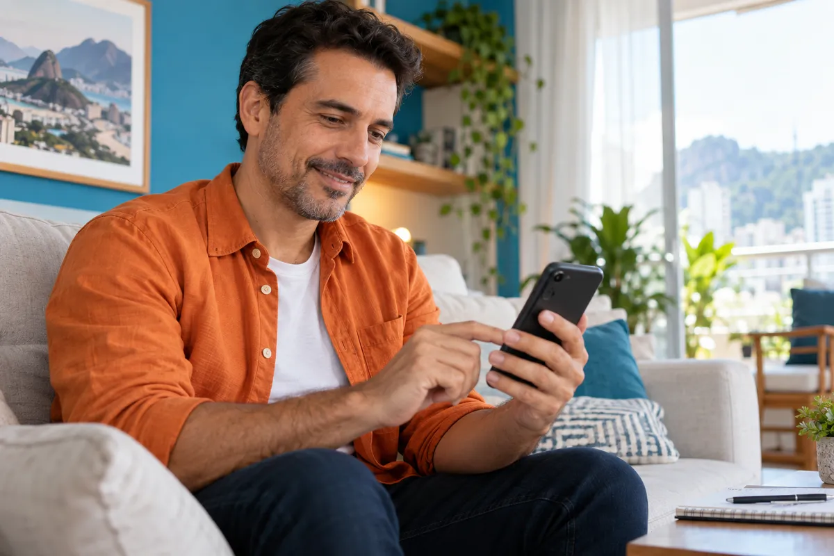 Cena ilustrativa de um homem usando o celular durante uma pausa para reflexão